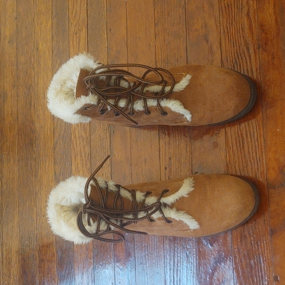 Amanda Smith Brown Leather/Suede Combat Boots with Faux Fur Trim Sz 6 - Picture 2 of 9